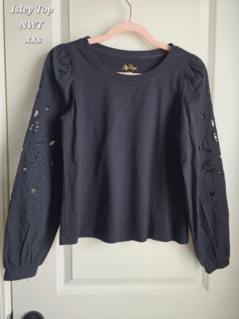 Lilly Pulitzer Black Isley Eyelet-Sleeve Long Sleeve Top